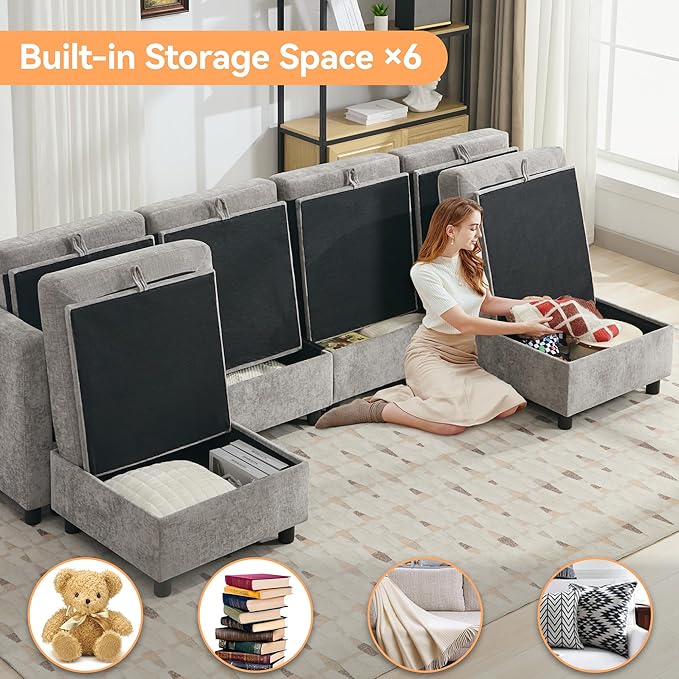 WUTUTUEE 107”Modular Sectional Sofa Convertible U Shaped Sofa Couch Set with Storage for Living Room, Modern 6 Seater Modular Sectional Couch with Movable Ottoman, Chenille(Light Grey)