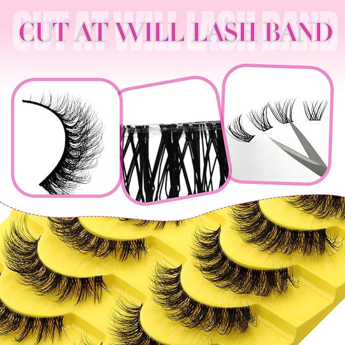FADLASH False Eyelashes Kit 10 Pairs Cat Eye Lashes Mink Lashes Wispy with Lash Bond and Seal and Tweezer Fake Eyelashes Natural Look Handmade Eyelashes Fake Lashes Strips (LZ-201 Kit)