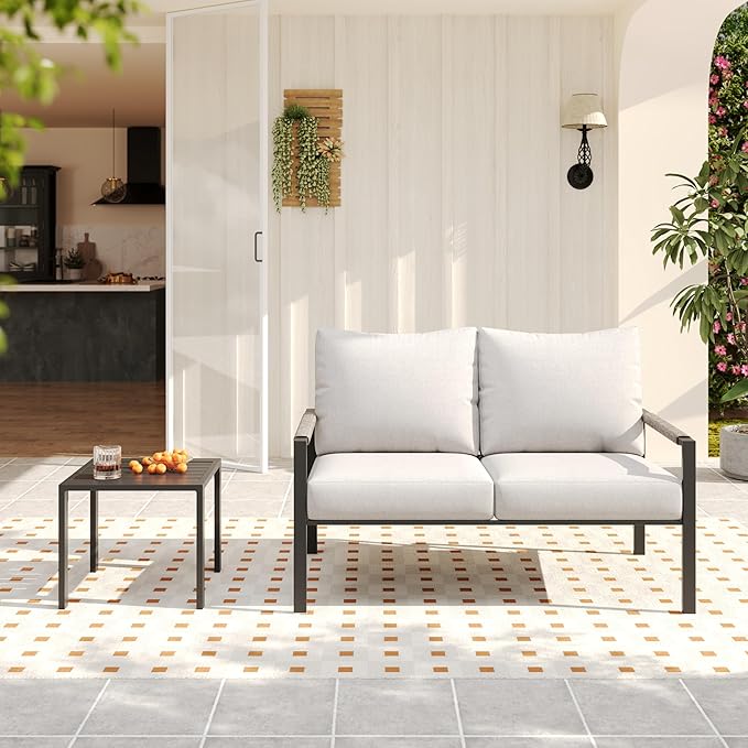PATIOCHIC 2 Pieces Rattan Outdoor Furniture Set, All-Weather Patio Loveseat with Warm Grey Cushions and Coffee Table for Garden, Backyard, Balcony, Poolside