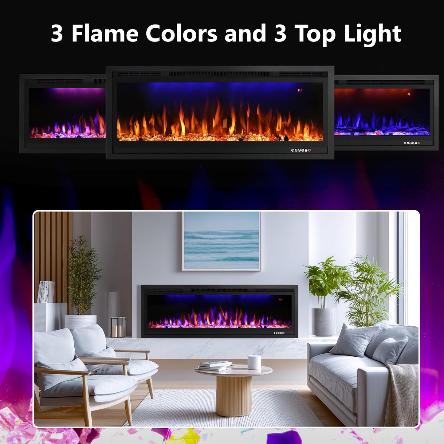 Rodalflame 60" WiFi-Enabled Electric Fireplace Insert, APP Smart Control, Wall Mounted&Recessed Linear Fireplace Heater with Thermostat, Flame&Top Lights, Log&Crystal, Timer