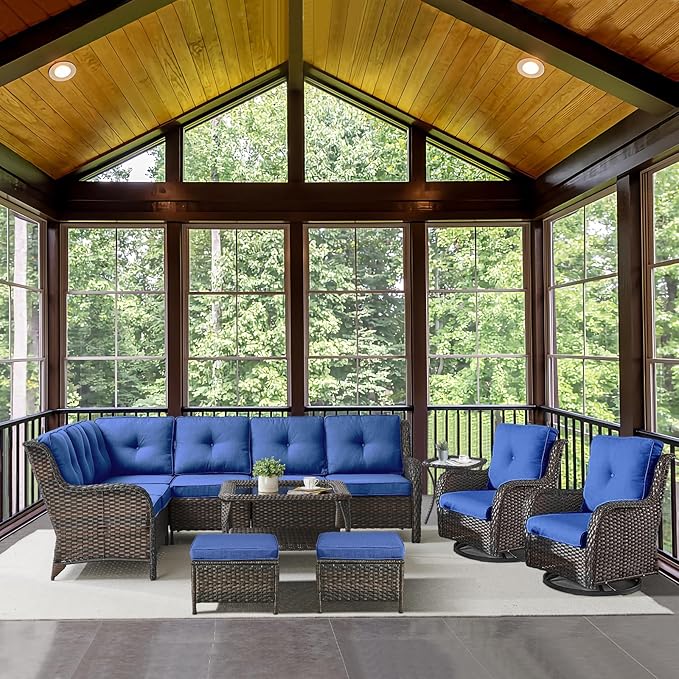 Belord Outdoor Furniture Sectional Sofa L Shaped Couch - Patio Wicker Set with 2 Swivel Glider Chairs, 8 Piece Rattan Patio Conversation Sets with Blue Cushion for Deck Backyard Sunroom