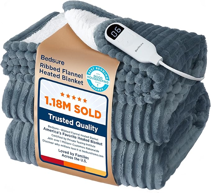 Bedsure GentleSoft Heated Blanket Electric Throw - Soft Ribbed Flannel Electric Blanket, Heating with 4 Time Settings, 6 H...