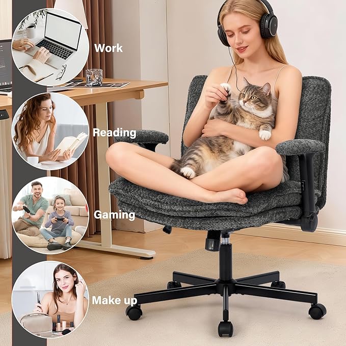 Kassipo Criss Cross Legged Office Chair with Wheels and Flip-Up Arms, Upholstered Criss Cross Desk Chair, Wide Seat Chairs for Home Office, Vanity, Apartment, Grey