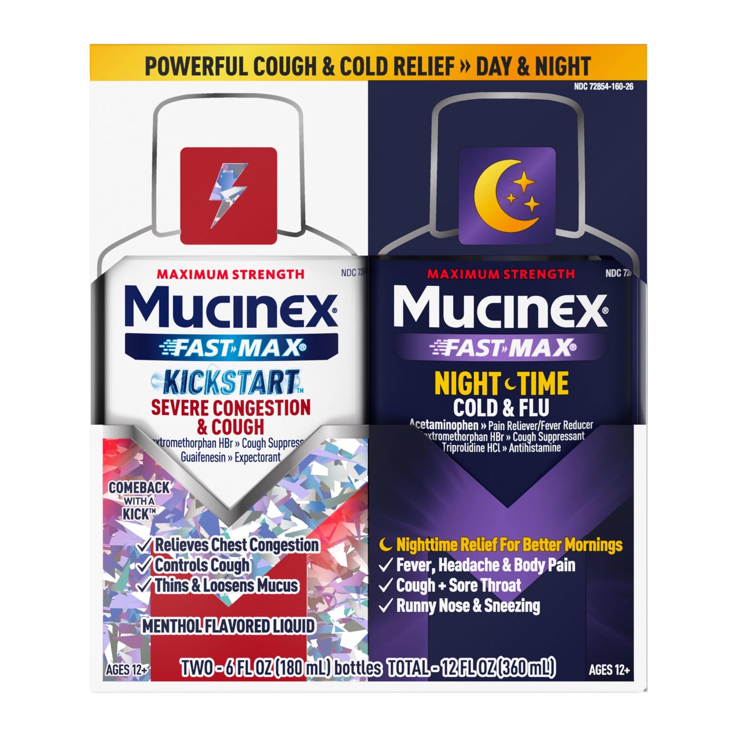 Mucinex Fast-Max Kickstart Severe Congestion & Cough & Nighttime Cold and Flu Medicine for Adults, Powerful Over-The-Counter Medication for Mutli-Symptom Relief, 2x6 Fl Oz