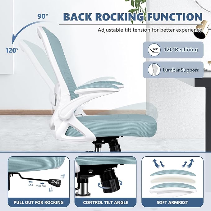Winrise Ergonomic Office Chair, Mesh Desk Chair with Adjustable Lumbar Support, Flip-Up Armrests, Mid-Back Computer Swivel Task Rolling Chair, Light Blue