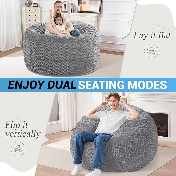 HABUTWAY 4FT Bean Bag Chair,Giant Bean Bag Chairs for Adults,Big Bean Bags with Memory Foam Filled, Large Beanbag Chairs with Chevron Plush Cover-Grey