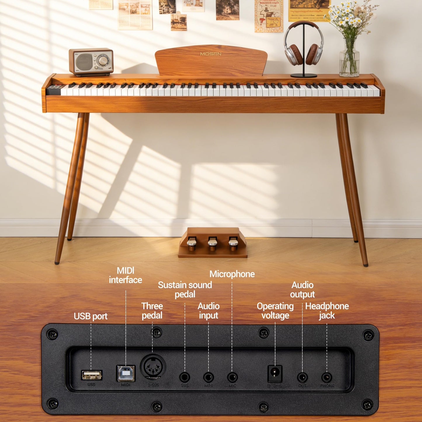 MOSEN Digital Piano, 88 Key Weighted Keyboard, Progressive Hammer Action, Electric Piano for Beginner, 128 Voices, 3-Pedal, Music Stand, Recording, USB-MIDI MP3 Connecting, MDP-88N, Wood Brown