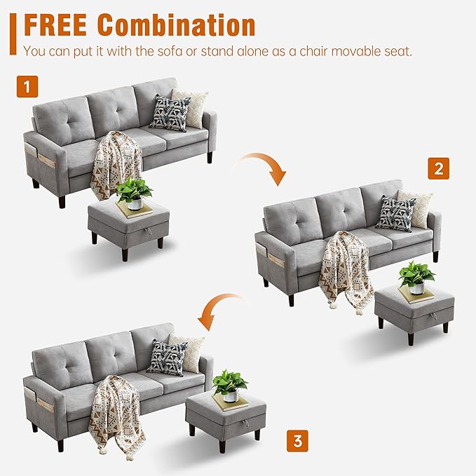 Pingliang Home 80" Convertible Sectional Sofa Couch with Movable Ottoman, 3 Seats Sectional Sofas L Shaped Couch for Small Spaces, Soft Fabric Couch for Living Room (Light Grey)