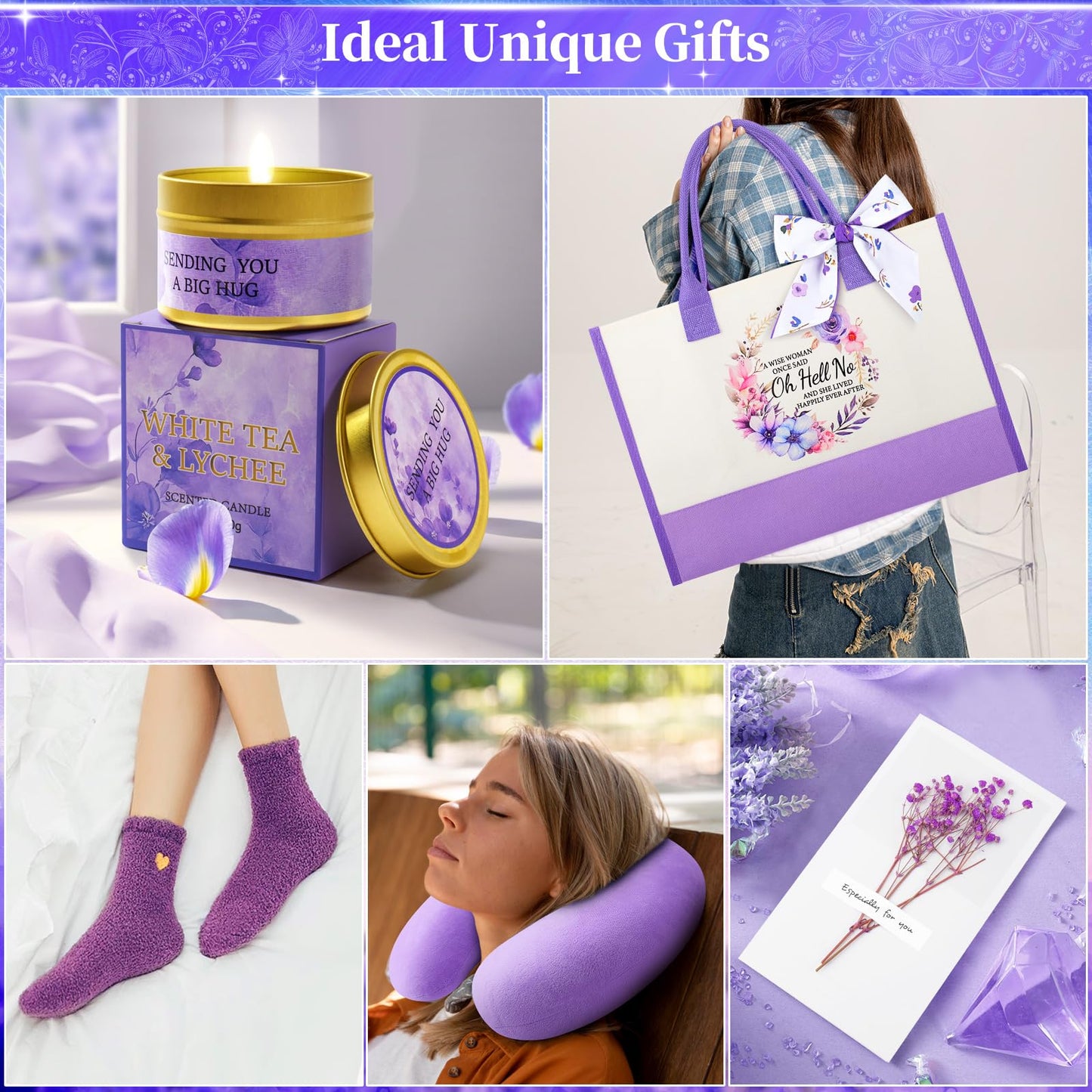 Birthday Gifts for Women -Purple Happy Birthday Gift Basket for Mom, Wife, Girlfriend, Sister, Her, Pillow/Blanket/Tote Bag/Self Care Package Get Well Soon Baskets for Women