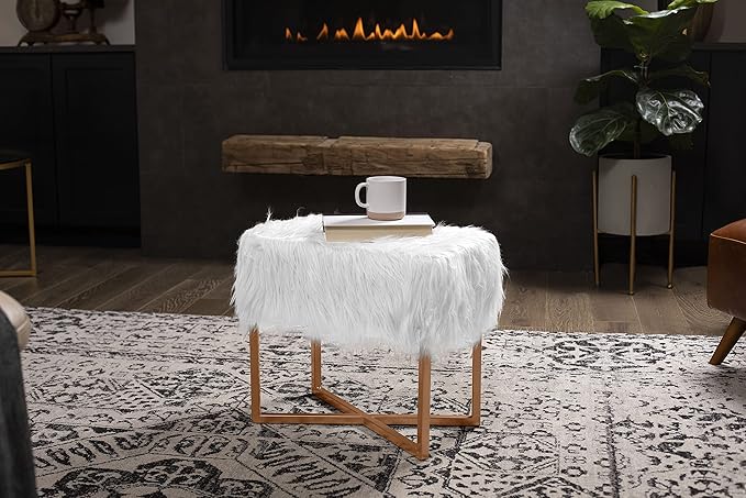 BIRDROCK HOME Rectangular White Faux Fur Foot Stool Ottoman with Gold Legs - Vanity Chair - Soft Compact Padded Seat - Bedroom and Kids Room Chair - Metal - Fluffy Makeup Seat
