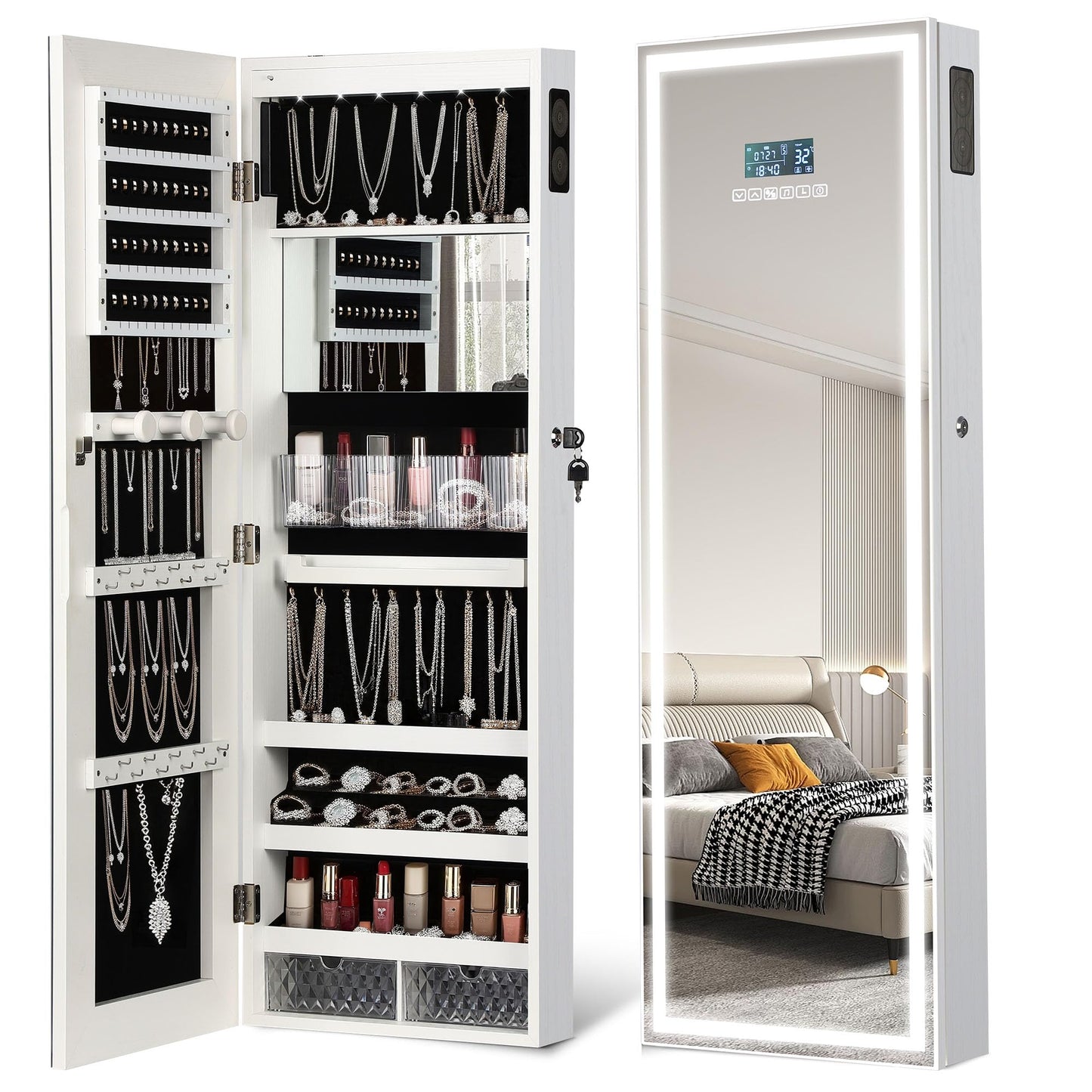 chaoguan LED Mirror Jewelry Cabinet with Bluetooth Speaker, Wall/Door Mounted Jewelry Organizer Armoire, Full Length Lighted Mirror with Jewelry Storage,Jewelry Box Standing for Women