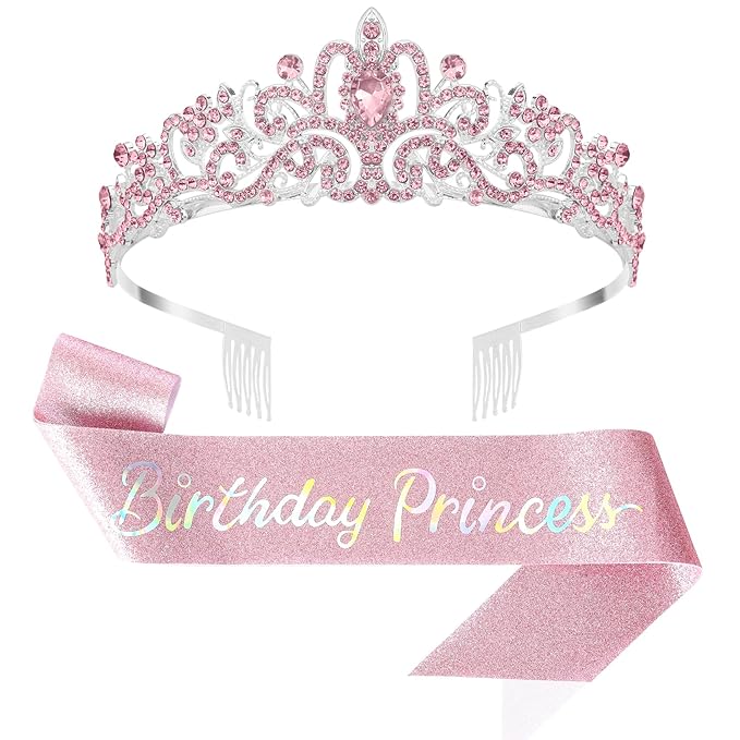 UlZDVUli Birthday Princess Crown, Birthday Princess Headband Tiara Sash Accessories Set for Women, Pink Crown Sash Decorat...