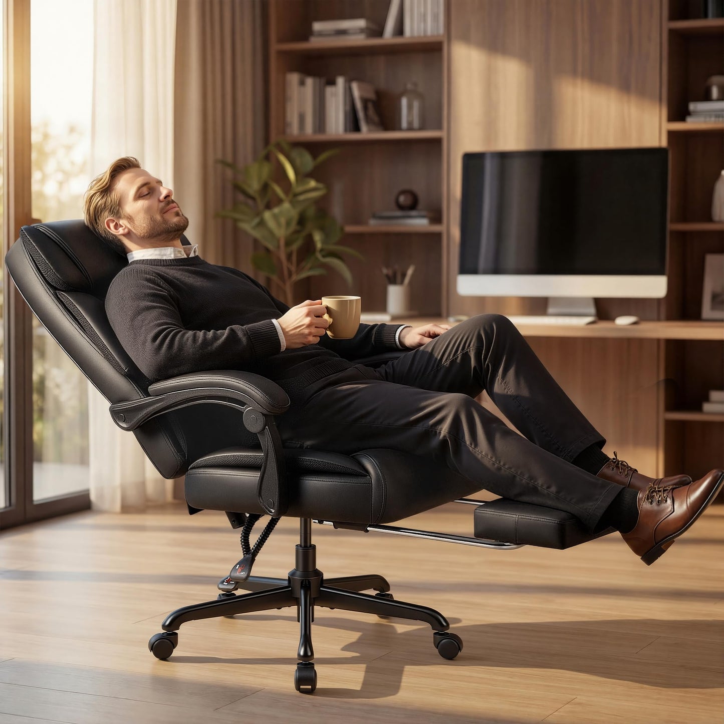 JUMMICO Massage Office Chair with 6 Point Vibration and Heat, Ergonomic Executive Home Office Desk Chair with Foot Rest, High Back 400LBS Leather Computer Chair for Home Office (Black)