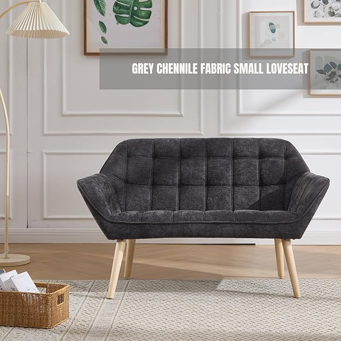 Hyfirm Small Loveseat Sofa, 48 inch Chenille Love Seat for Living Room Comfy Mini Couch with Wood Legs for Small Spaces Bedroom Apartment Office, Dark Grey