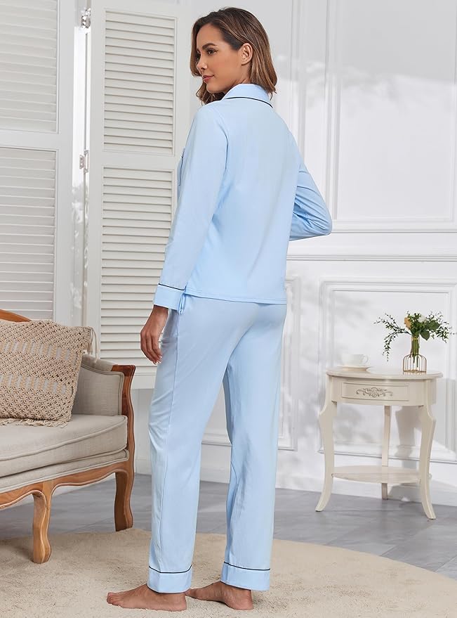 Veseacky 100% Cotton Pajamas for Women Set Long Sleeve Button Down Sleepwear Soft Pjs Lounge Sets with Pockets XS-XXL