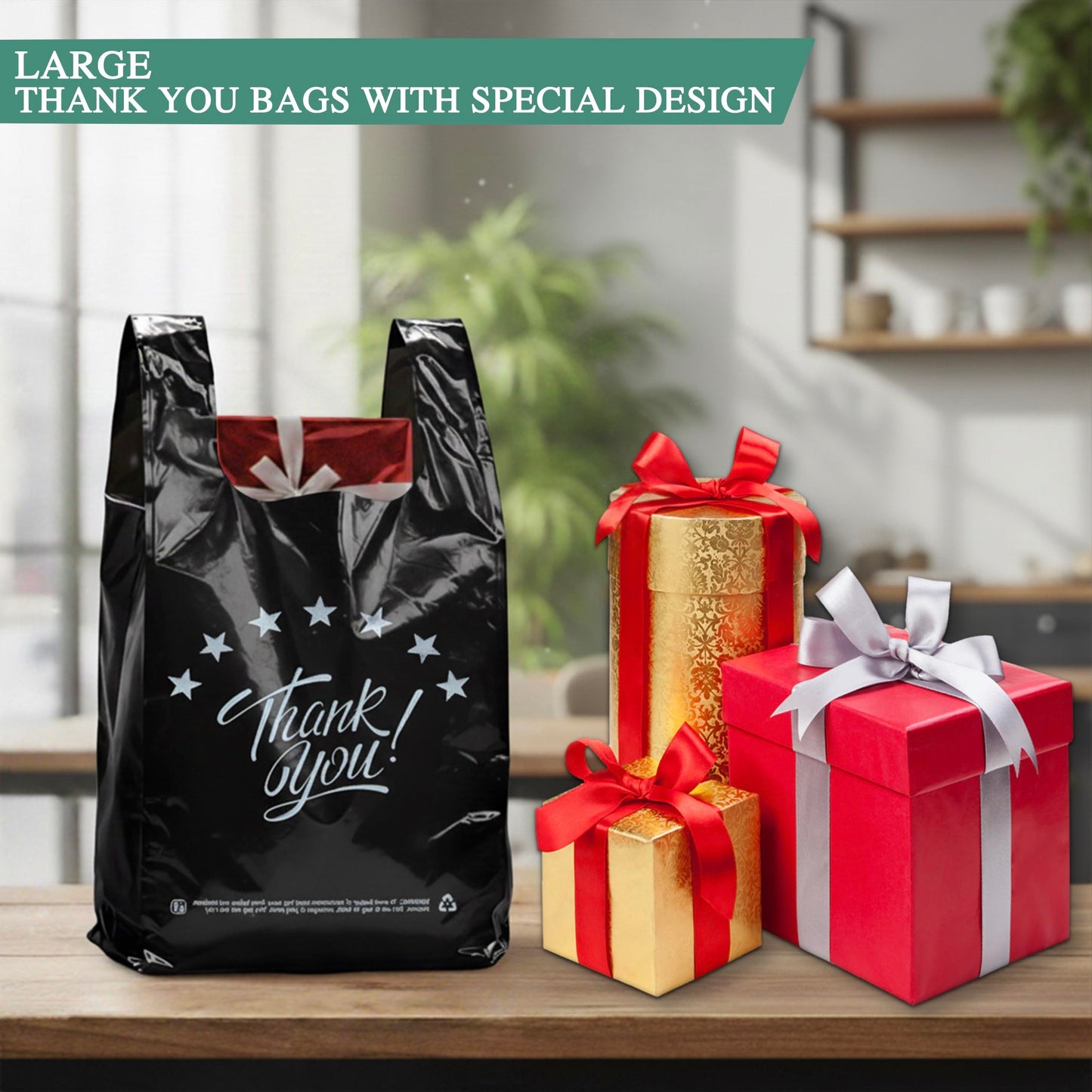 YoYoRain Black Thank you T shirt bag, Grocery shopping bag Reusable and Disposable Supermarket Bag 11''x6''x21'' 100PCS