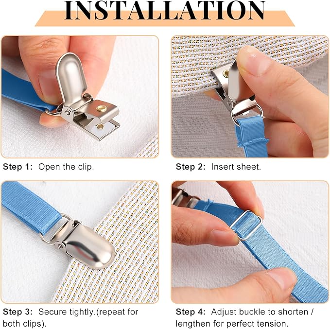 Boao 12 Pcs Bed Sheet Clips Straps Sheet Corner Straps Holder Adjustable Mattress Clips, Elastic Bed Grippers Suspender Fasteners Holder for Home (Sky Blue,8-12 Inch Length)