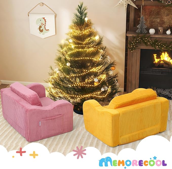 MeMoreCool Toddler Chair & Kids Couch Bed 2‑in‑1 Foldable Lounge Pink (1‑3 yrs) — Convertible Fold‑Out Seat to Sofa Bed for Toddlers, Soft Corduroy Finish, Machine‑Washable Cover, Ideal for Playrooms