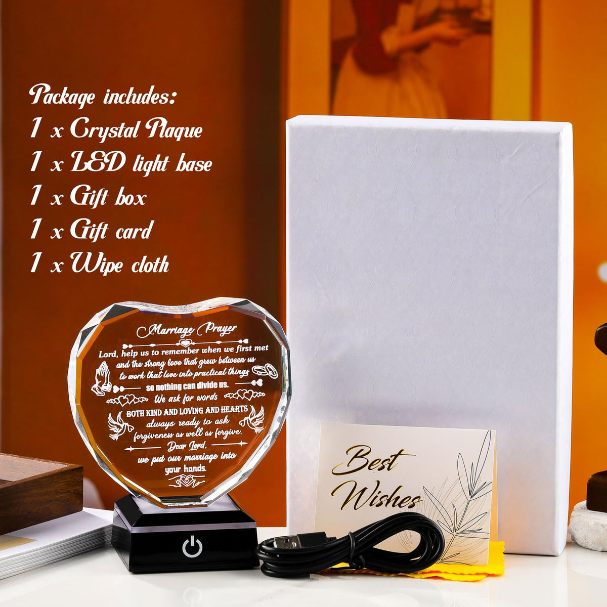 Crystal Marriage Prayer Gifts for Couple Heart-shaped Wedding Keepsake with LED Base for Her Him Romantic Anniversary Plaque for Wife Husband on Valentine's Day Birthday Wedding Engagement
