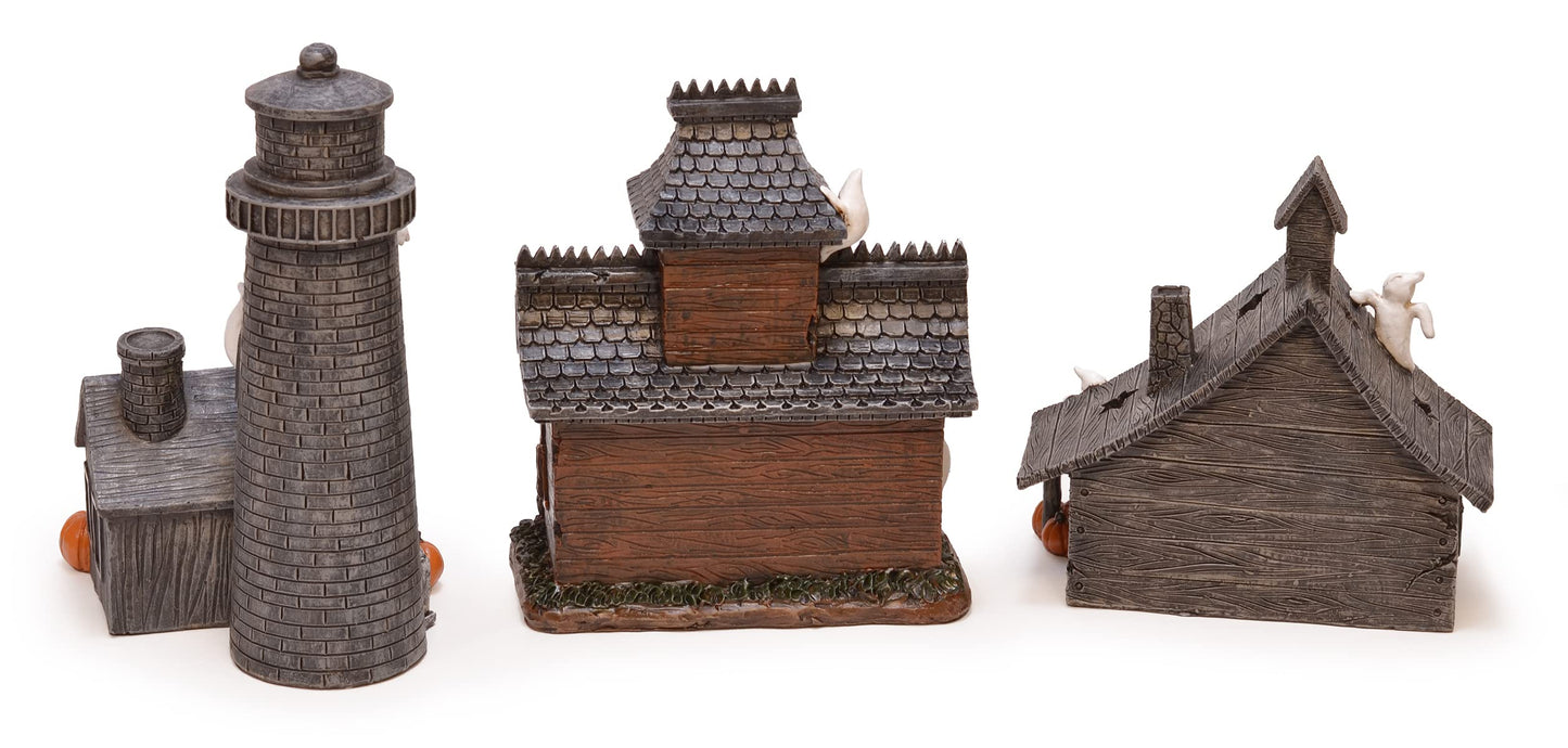 Mark Feldstein & Associates Spooky Halloween Color Changing Pre-Lit LED Haunted House Village Set, 8 Inch, Set of 3
