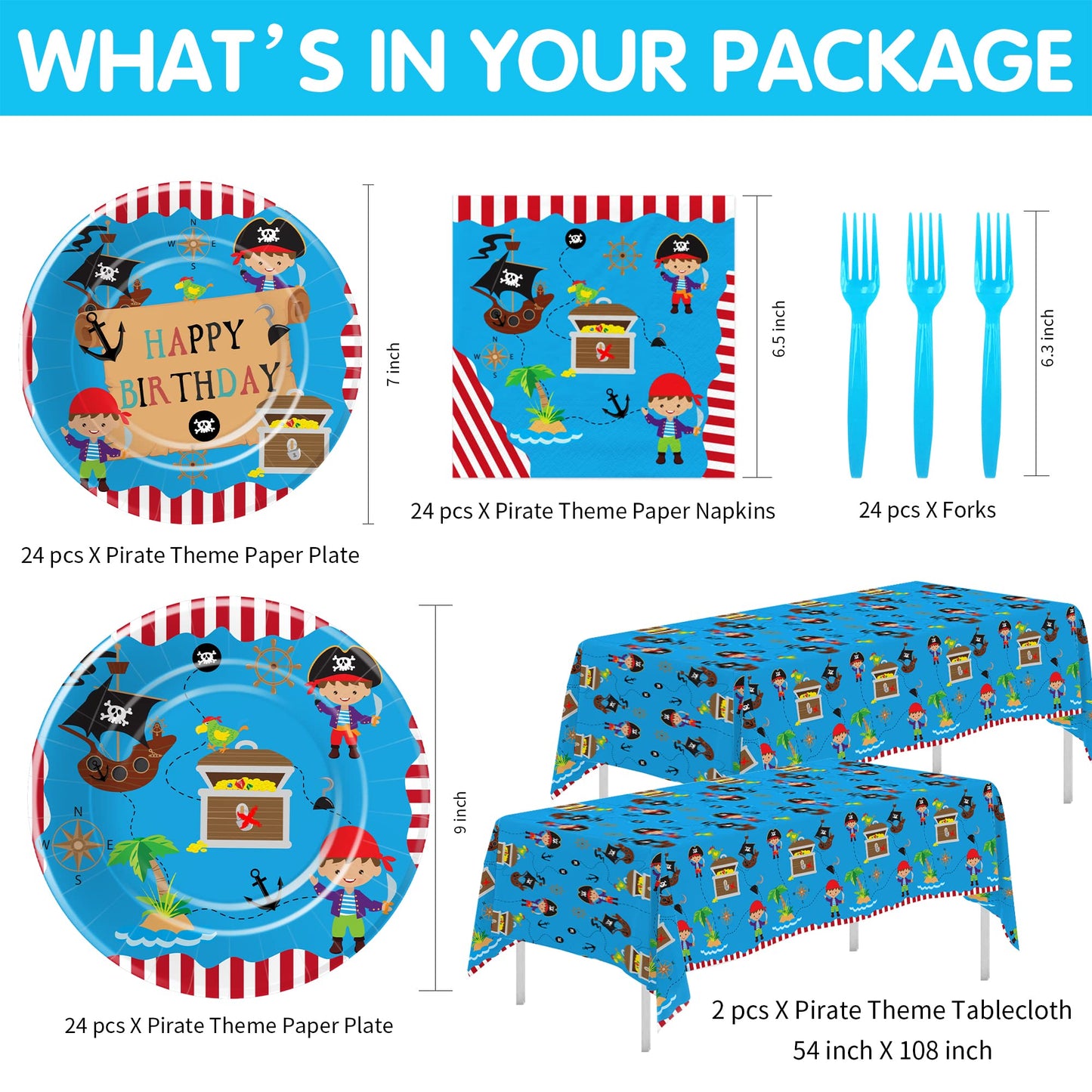 APOWBLS Pirate Birthday Party Supplies - Pirate Party Decorations Tableware For Kids, Pirate Plate, Napkin, Tablecloth, Fork, Pirate Birthday Plates And Napkins Party Decorations Dinnerware | Serve 24