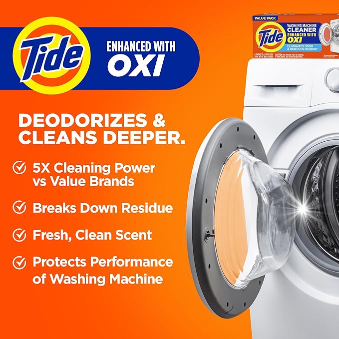 Washing Machine Cleaner by Tide, Washer Machine Cleaner with Oxi for Front and Top Loader Washer Machines, Deep Cleaning Residue & Odor Eliminator, 10 Month Supply + Calendar