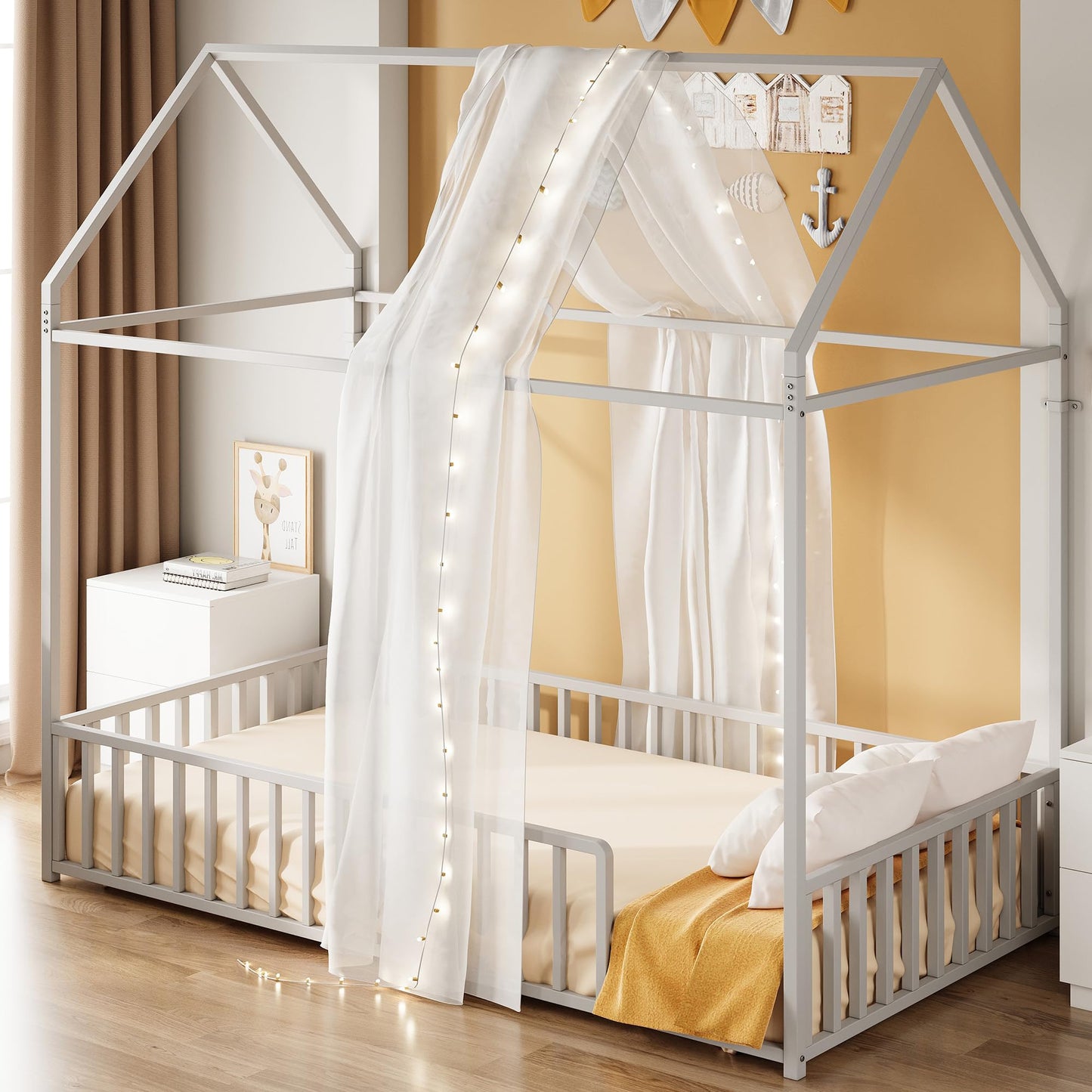 LIKIMIO Twin Floor Bed Frame with Roof & Fence Guardrails Metal House Bed for Bedroom, Easy Assemble, No Box Spring Needed, White
