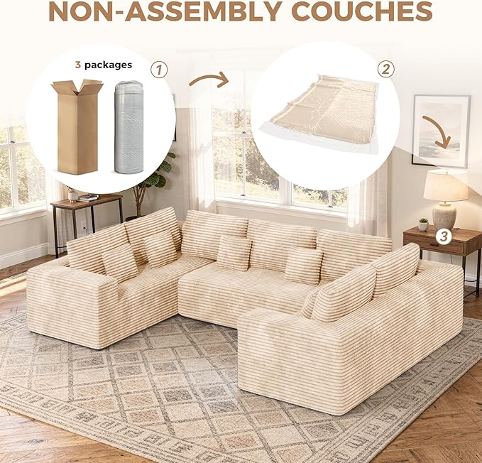 136'' Large Sectional Cloud Couches with Chaise, U Shaped Boneless Loveseat Sofa, No Assembly Required Deep Seat Modular Lounge for Living Room 3PCS Set, Bedroom(Khaki)