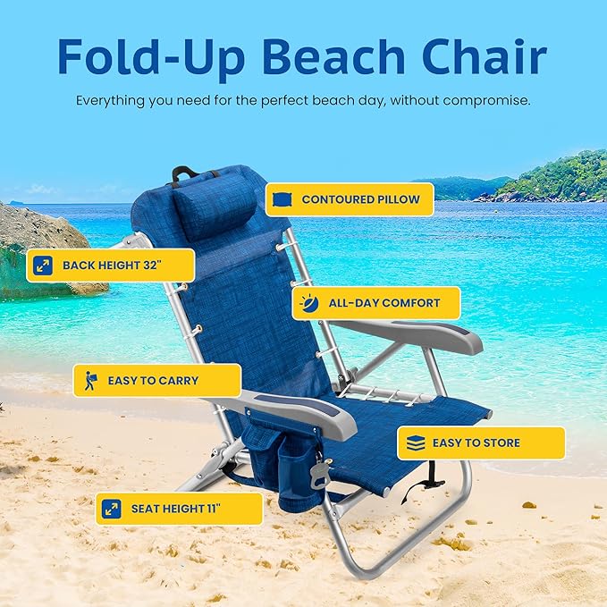 Homevative Cooler+ Folding Backpack Beach Chair with 5 Positions, Towel bar, XL Cooler Pouch, Storage Net, Cup and Phone Holder, Breeze, 2 Pack