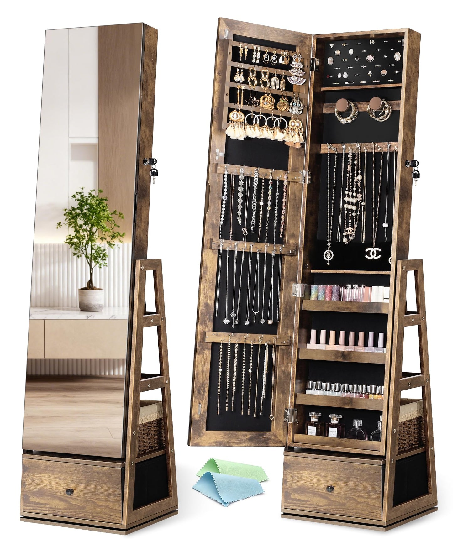 Nicetree 360°Swivel Jewelry Cabinet,Rotatable Jewelry Organizer Armoire Standing, Lockable Jewelry Armoire with Full-Length Mirror, 3 Rear Shelves & Bottom Drawer, Polishing Cloth, Wood Grain Brown