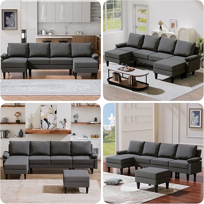 Topcomfy U-Shaped Sectional Couches for Living Room, Convertible 4 Seat Modular Sectional Sofa Set with Ottoman, Modern L Shaped Couch with Chaise for Apartment and Office, Polyester Dark Gray