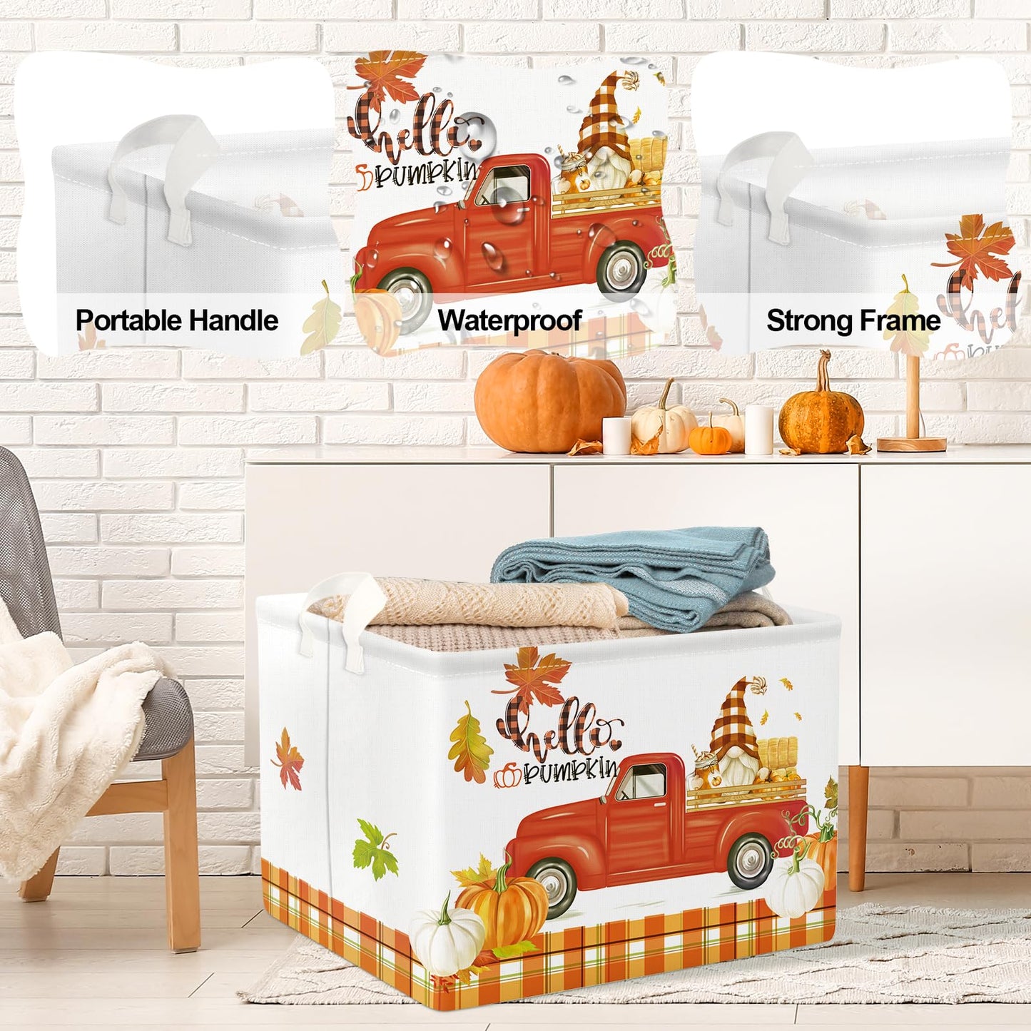 Clastyle Pumpkin Gift Basket Empty Rectangular Foldable Clothes Toy Storage Bin Large Gnome Truck Book Shelf Basket Orange Bull Plaid Harvest Basket
