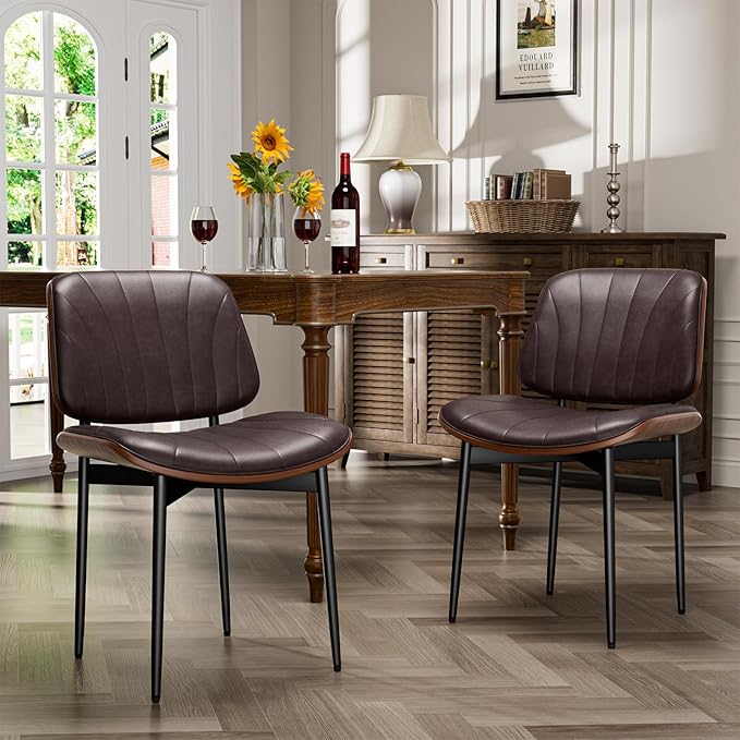 YaFiti Dining Chairs Set of 2, Dining Room and Kitchen Chairs, Mid Century Modern Accent Chair, Upholstered PU Leather Chairs for Vanity with Walnut Bentwood and Metal Legs, Brown