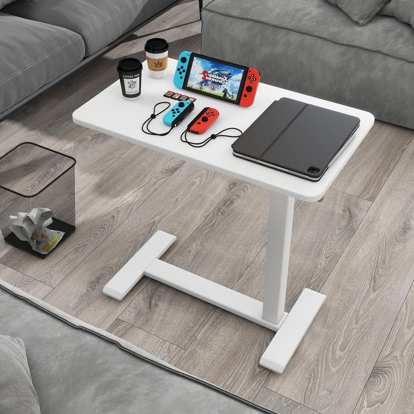 PUNCIA Medical Adjustable Overbed Bedside Table with Hidden Casters Pneumatic Mobile Standing Laptop Desk Movable Over The Bed Table Rolling Computer Cart for Hospital Home Use(26.8”Wx15.7”D White)