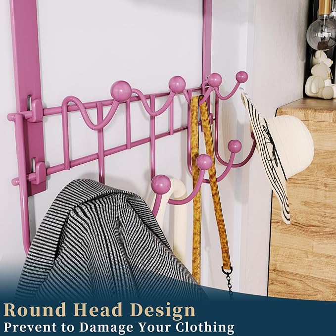 Consumest Over The Door Hooks Organizer - Extra Long Door Hanger with 9 Coat Hooks & 2 Mesh Basket, Back Storage Organizer Hanging Towels for Bathroom, Bedroom - Pink (for 1.76 in Doors)