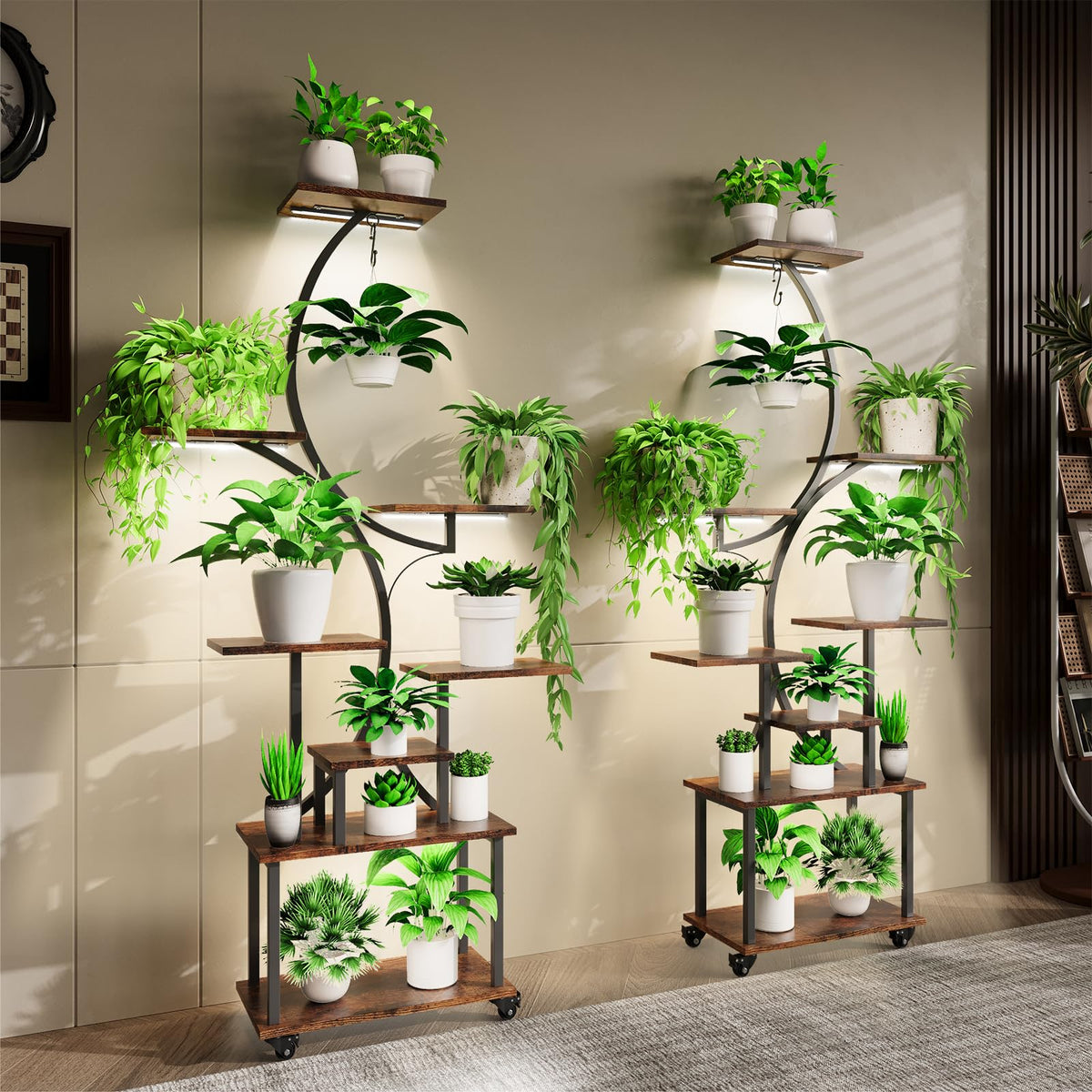 MODCART Plant Stand Indoor with Grow Lights, Indoor Plant Stand with Wheels, 8 Tiered Plant Shelf Indoor, Tall Plant Stands Indoor with Pulley for Living Room, 2PCS