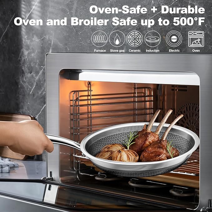 FogDream 2 Pcs Non Stick Frying Pans with 2 Lids, 10 & 11 Inch Stainless Steel Skillets, Tri-Ply Stainless Steel for All Cooktops, Dishwasher & Oven-Safe Cooking Pan, Stay-Cool Handle, Silver
