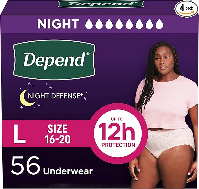 Depend Night Defense Adult Diapers, Incontinence & Postpartum Bladder Leak Underwear for Women, Disposable, Overnight, Large, Blush, 56 Count (4 Packs of 14), Packaging May Vary