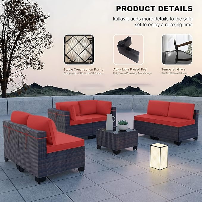 Kullavik 7 Pieces Outdoor Patio Furniture Set,Sectional Rattan Sofa Set Brown PE Rattan Wicker Patio Conversation Set with Tempered Glass Coffee Table and Washable Cushions Covers,Red