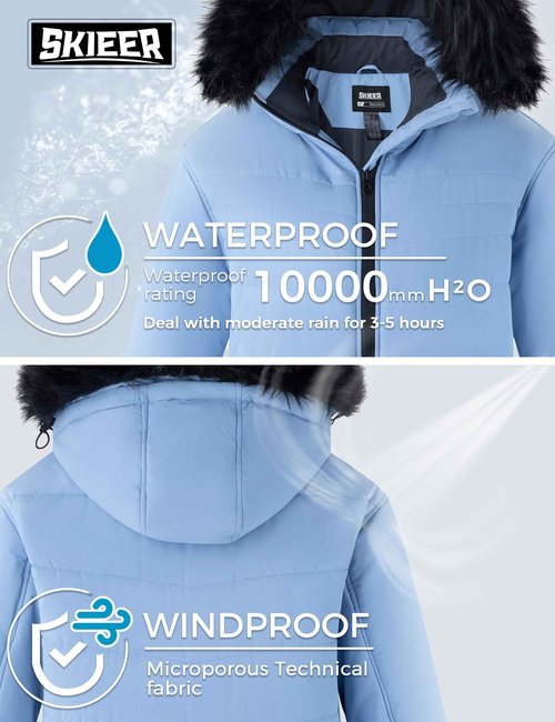 Skieer Women's Plus Size Ski Jacket Waterproof Raincoat Windproof Insulated Winter Jacket(Blue Haze,3XL)
