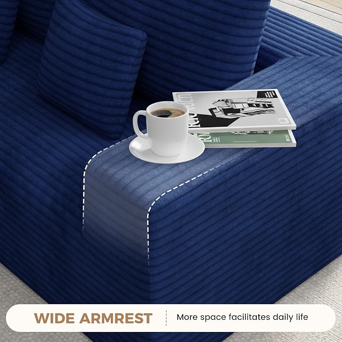 136'' Large Sectional Cloud Couches with Chaise, U Shaped Boneless Loveseat Sofa, No Assembly Required Deep Seat Modular Lounge for Living Room 3PCS Set, Bedroom(Blue)