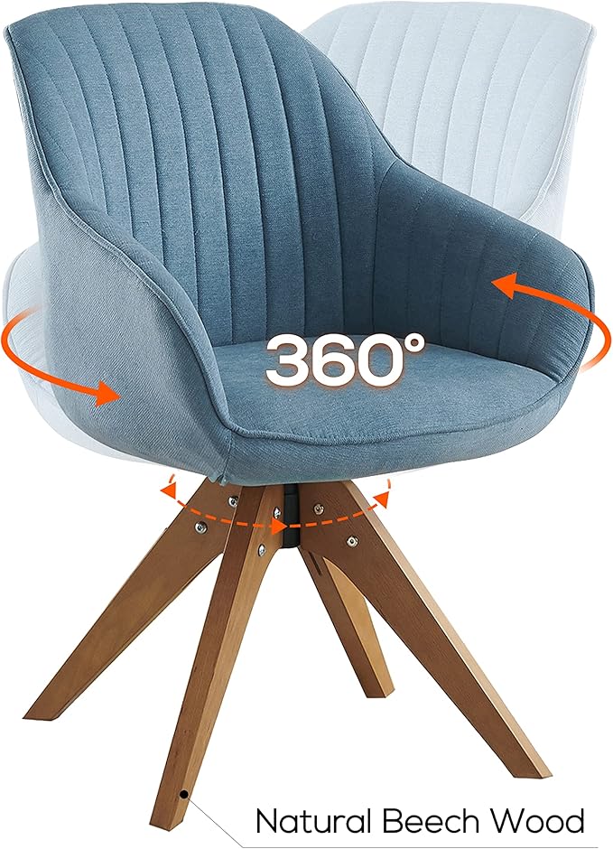 Art Leon Dining Chair, Mid Century Modern Fabric Upholstered Swivel Dining Room Chair with Wood Legs, Leisure Side Chair with Arms for Living Room, Blue