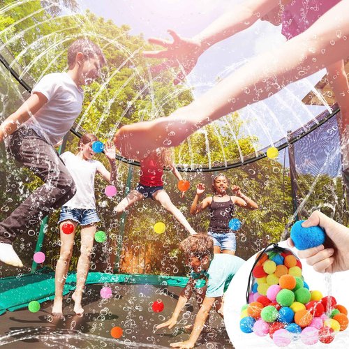 Halloscume 70 Pcs Trampoline Accessories Kit, Trampoline Ladder 49.2 ft LED Trampoline Lights Trampoline Sprinkler, 8 Trampoline Stakes, Spring Pull Tool, 51 Water Balls and Trampoline Basketball Hoop