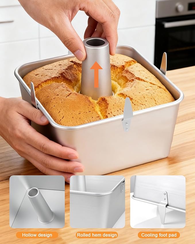 Roicaholy Square Angel Food Cake Pan with Removable Bottom, 9.5 Inch Aluminum Alloy Tube Pan with Cooling Feet, 24-Cup Capacity for Chiffon and Sponge Cakes