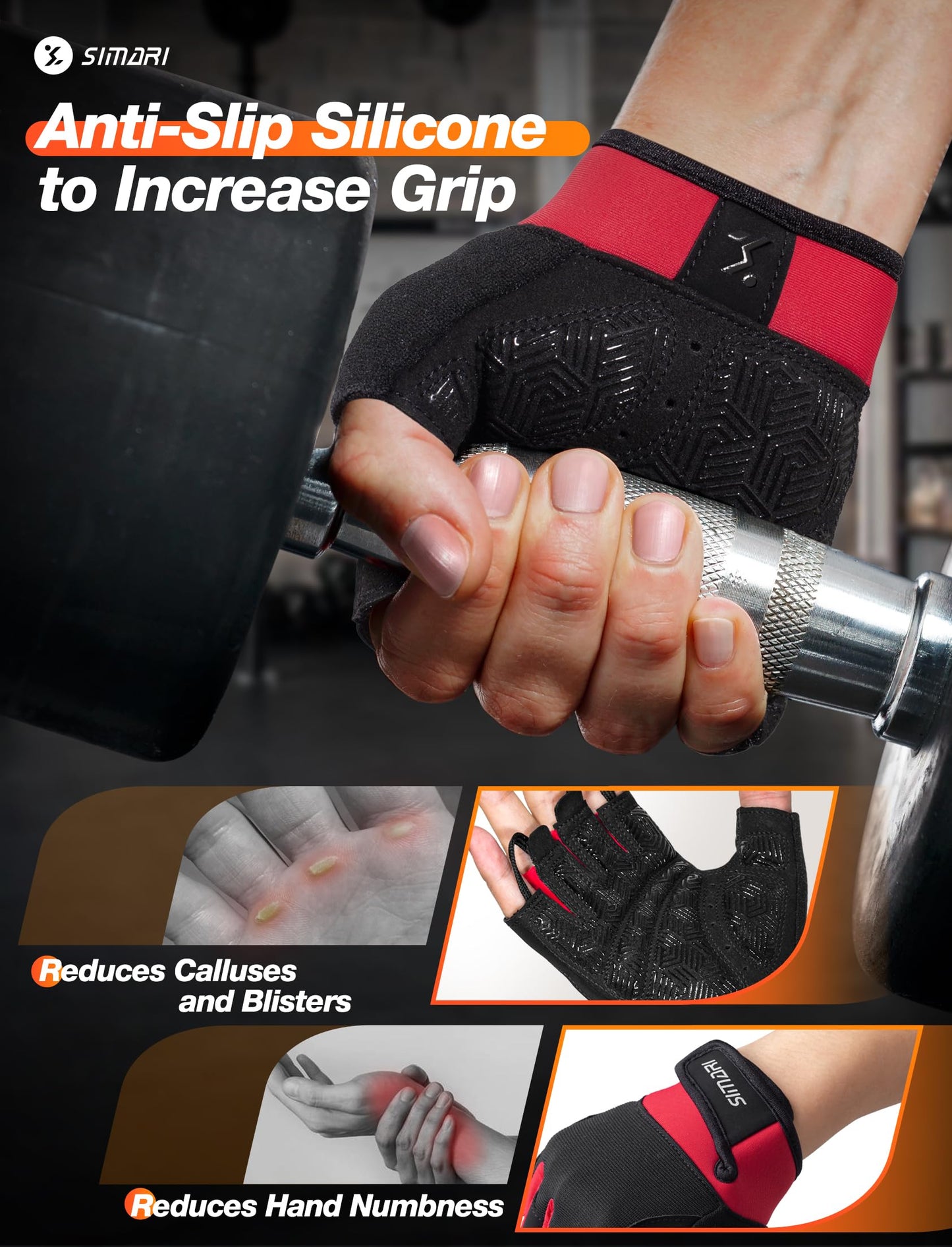 SIMARI Breathable Workout Gloves for Men & Women, Weight Lifting Gloves with Padded, Grip, Full Palm Protection, Gift for Gym Exercise, Cycling, Weightlifting Training, Fitness, Red, Size L