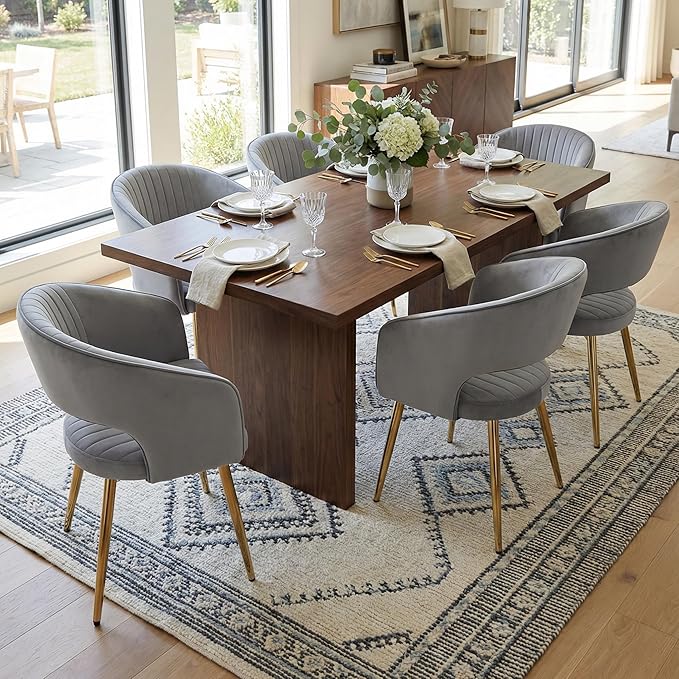 COMULER Grey Velvet Dining Chairs Gold Legs, Modern Dining Room Chairs with Arms Set of 6 Upholstered Accent Chair Armchair with Barrel Back for Kitchen Living Room