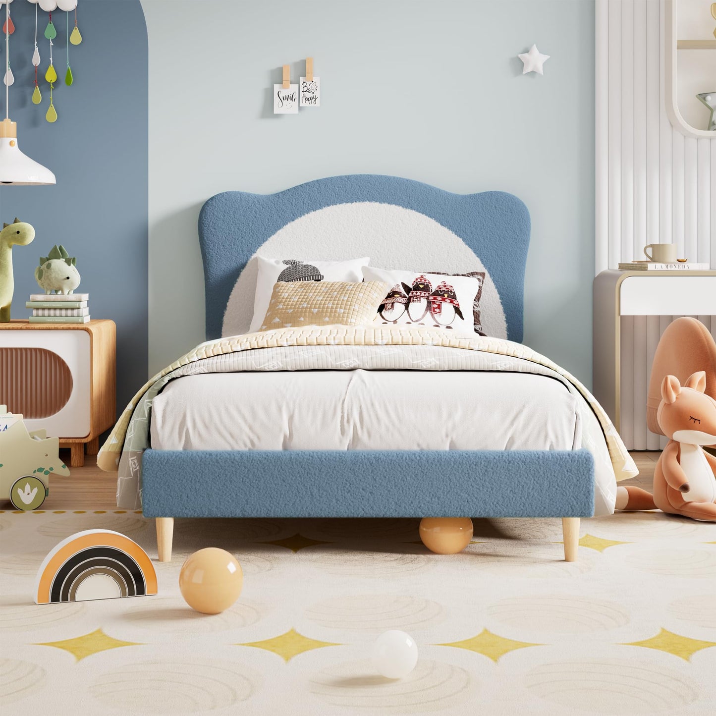 GarveeHome Upholstered Twin Bed Frame for Kids - with Adjustable Chic Scallop Headboard, Cute Velvet Princess Platform Bed for Girls/Kids, Solid Wood Slats Support, No Box Spring Needed, Blue + White