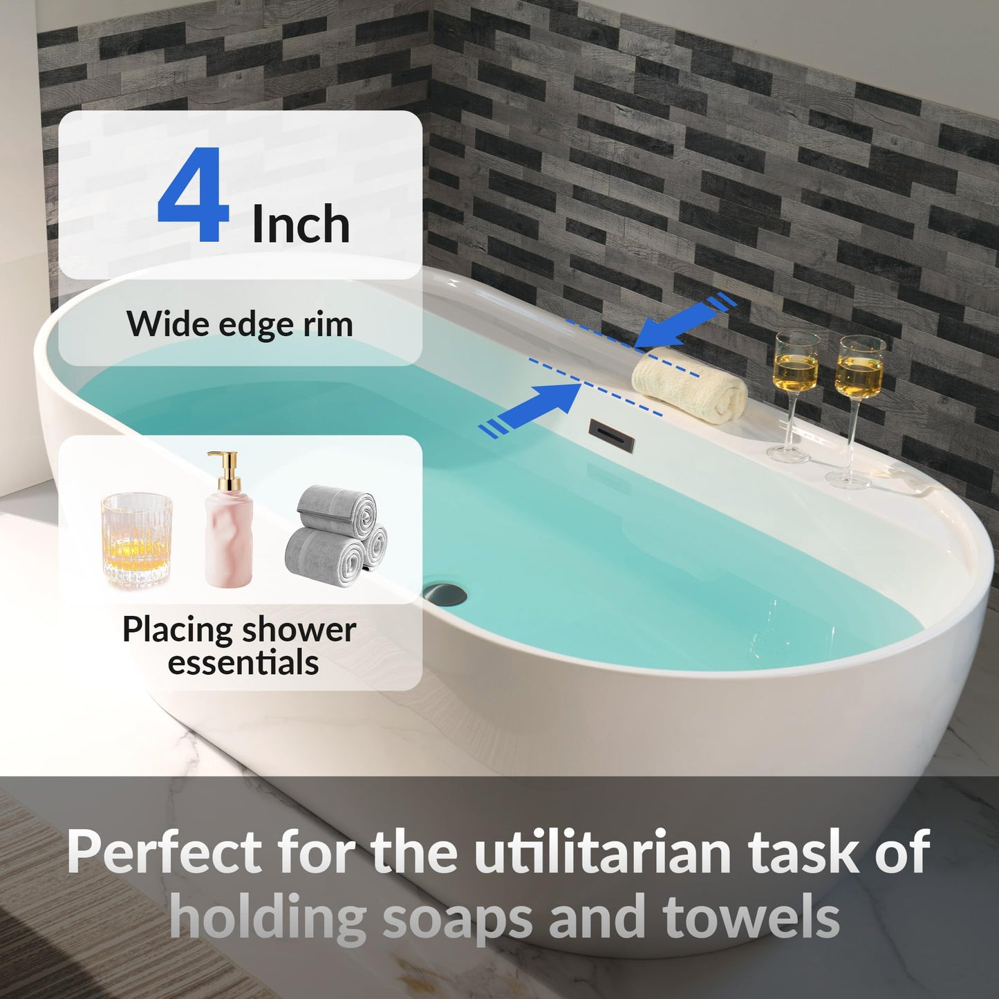 WOODBRIDGE 72" Acrylic Freestanding Bathtub Contemporary Soaking White Tub with Brushed Gold Overflow and Drain,B0059-BG