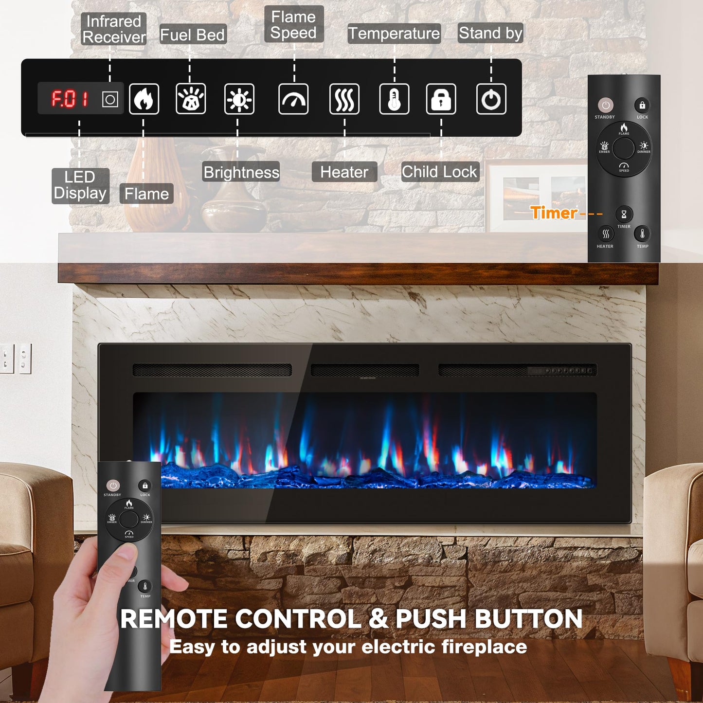 Manastin 60 inch Electric Fireplace in-Wall Recessed 2026 Upgrade Wall Mounted Fireplace with Remote Control, 1500/750W Fireplace Heater with 12 Adjustable Color, Timer, Log and Crystal