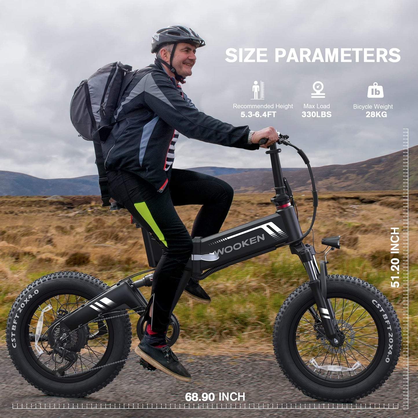 Wooken Electric Bike for Adults, 20''X4.0 Fat Tire Ebike for Adults, Peak 750W Foldable Electric Bicycle with 48V 10Ah Battery, 7 Speed, Full Fuspension, 20MPH Ebike for Mountain Beach Snow